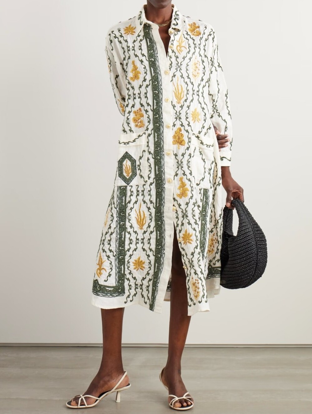 Agua by Agua Bendita Frida Calado Midi Shirt Dress M Ivory Linen Embroidered